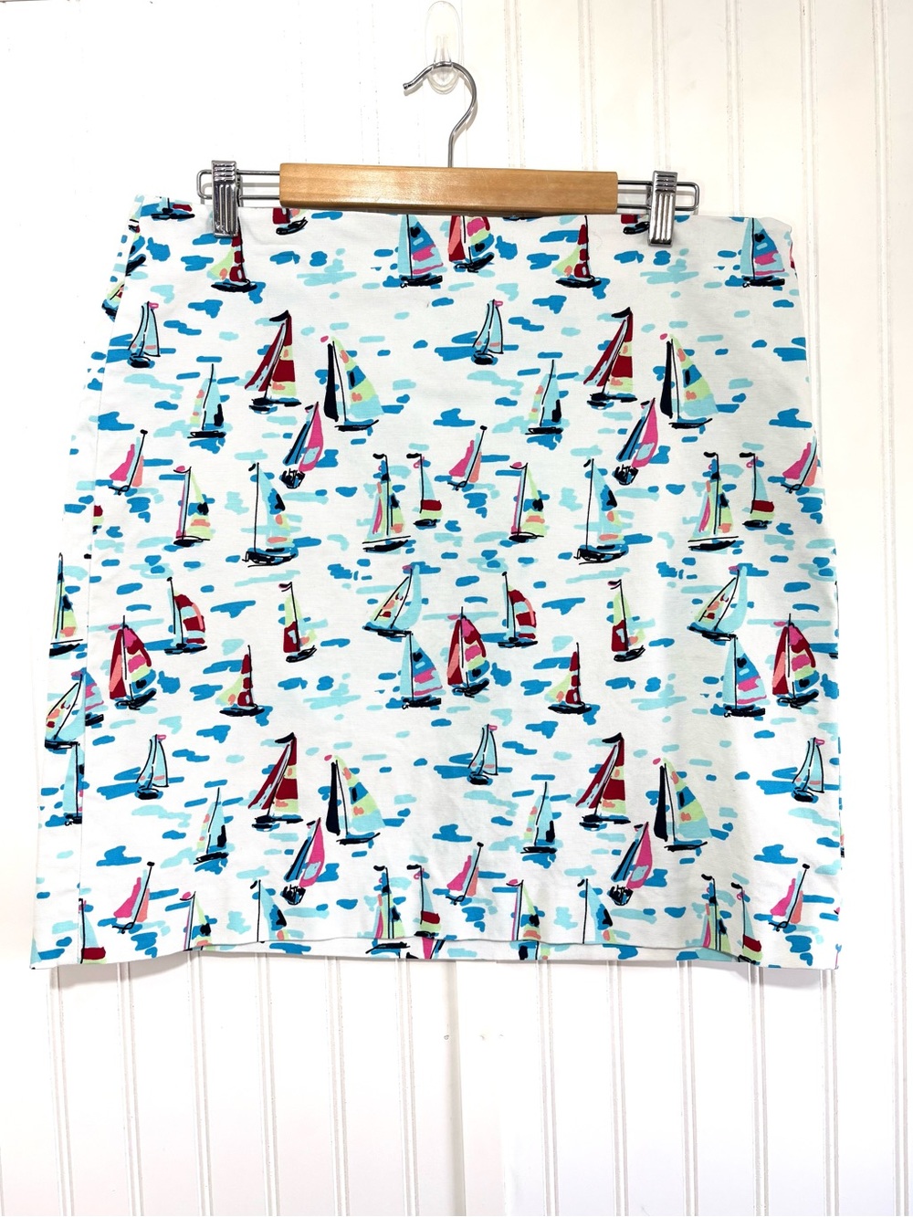 Talbots Sailboat Print Skirt Coastal Preppy Nautical Cotton Stretch Size 14